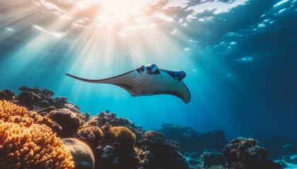 A majestic manta ray gracefully glides through sunlit, crystal-clear ocean waters.