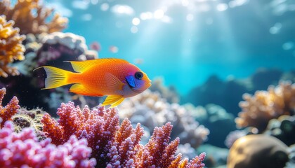 A vibrant orange fish swims among colorful coral reefs in a clear, sunlit ocean.