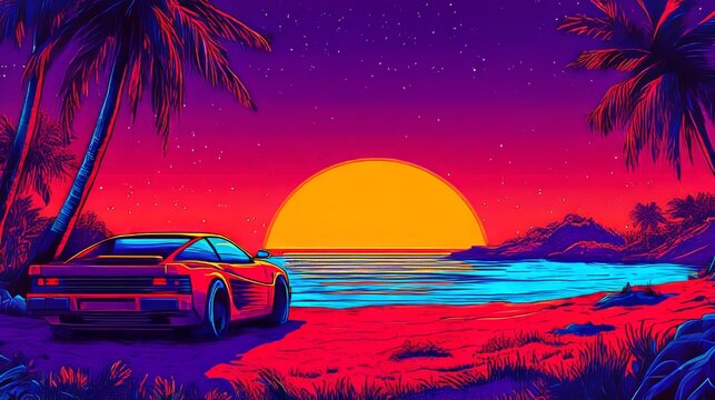 Retrowave scene featuring a futuristic car parked on a neon beach under glowing sunset tones, highlighting 80s sci-fi style, vibrant gradients, surreal atmosphere, and nostalgic cyber aesthetics