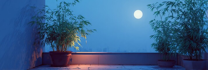 Peaceful night rooftop scene featuring potted bamboo plants illuminated by soft moonlight, minimal and calming blue tones create a tranquil atmosphere, perfect for meditation and wellness backgrounds.