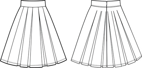 Pleated skirt technical sketch, fashion flat drawing, garment construction template, apparel design outline, sewing pattern, front and back view