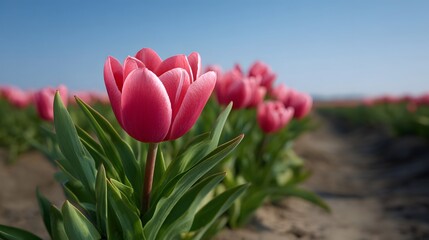 A vibrant pink tulip is in focus in a field of blooming tulips under a clear blue sky