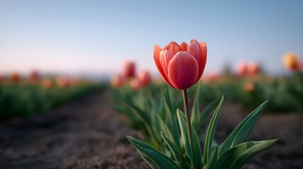 A single red tulip stands out in a field of blooming flowers at dawn with rows stretching into the soft morning light