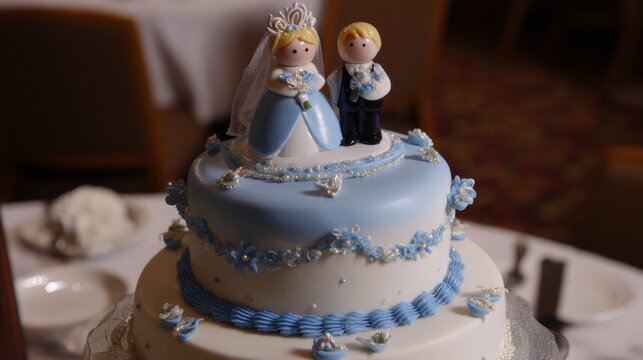 Romantic wedding cake with a bride and groom figurine on top, highlighting love, ceremony, joyful celebration, and elegant details in a warm reception setting