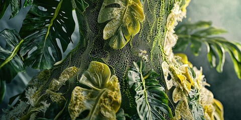 A lush, green jungle with a variety of tropical plants and animals, including a large, green tree with a spider web and a snake wrapped around it, surrounded by a dense forest of leaves and vines.