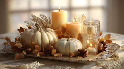Detailed 3D Thanksgiving centerpiece render with pumpkins warm candle highlights and elegant decor