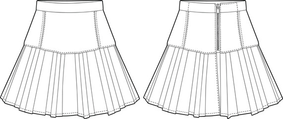 Pleated skirt technical sketch, fashion flat drawing, garment construction template, apparel design outline, sewing pattern, front and back view
