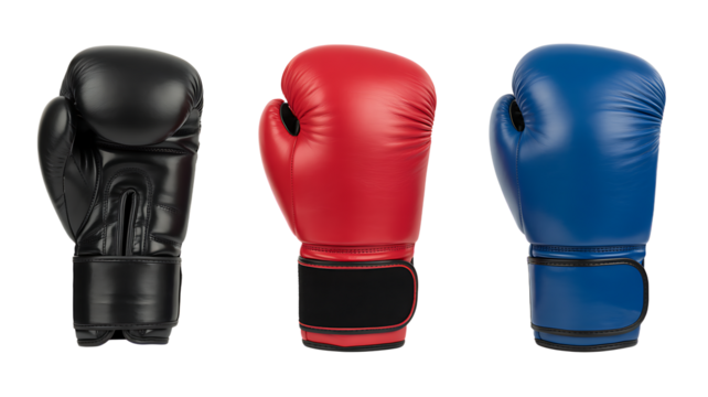 Collection Of Assorted Boxing Gloves Red Black And Blue For Boxing Ads And Marketing isolated on transparent background. Generative ai
