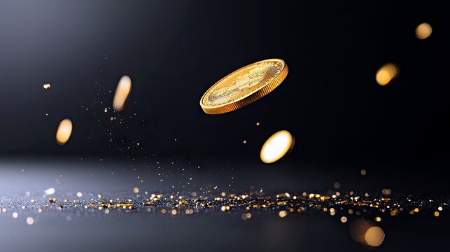Gold coins and glitter are suspended in the air and scattered across a dark, textured surface, creating a sense of motion and wealth.