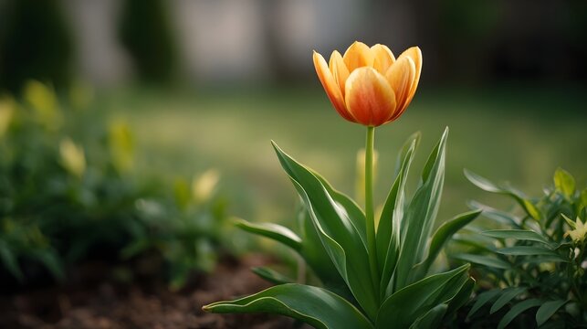 A vibrant orange and yellow tulip blossoms in a garden bathed in soft morning light showcasing its delicate petals and lush green leaves