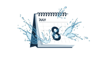 Watery date reminder: July 8th stands out amidst a refreshing aquatic splash animation showcasing calendar