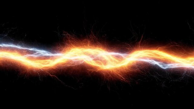 Cinematic Animation  of two entwined lightning bolts surge forth in a spectacular dance, one blazing with fiery amber hues, the other crackling in icy cerulean tones.