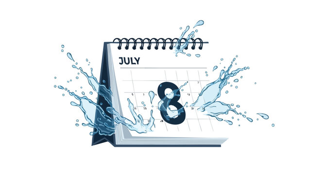Watery date reminder: July 8th stands out amidst a refreshing aquatic splash animation showcasing calendar - Powered by Adobe