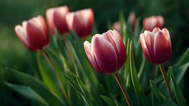 Close up of delicate pink and white tulips blooming in soft morning light