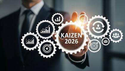 Businessman touching a glowing circle with the text kaizen 2026 and gears representing business growth and teamwork