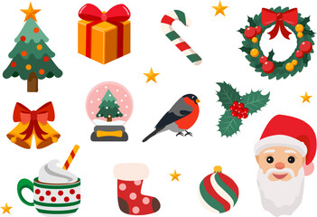 Christmas set with Santa face, tree, wreath, gift, candy cane, bells, holly, snow globe and robin. For greeting cards, stickers, kids printables and holiday banners.