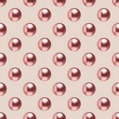 Seamless pattern of shiny rose gold metallic spheres arranged in a precise geometric polka dot grid on a soft beige background