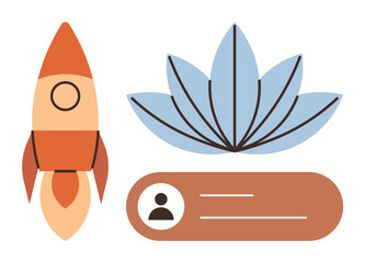 Rocket symbolizing ambition, lotus flower for growth, user profile for identity. Ideal for innovation, self-improvement, teamwork, positivity, growth mindset personal branding balanced life. Simple