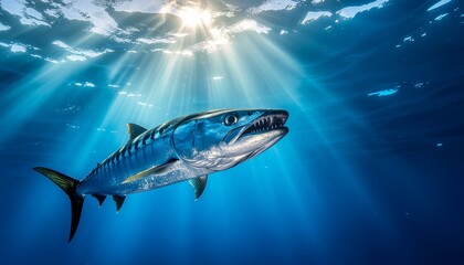 A barracuda swims in the ocean, sunlight streaming through the water above.
