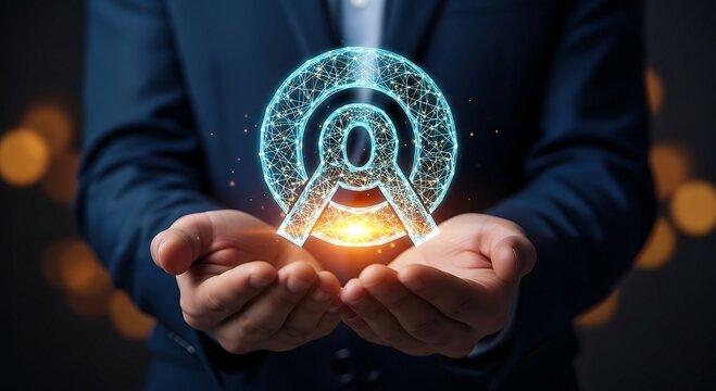 Businessman holding a glowing digital network symbol in his hands.