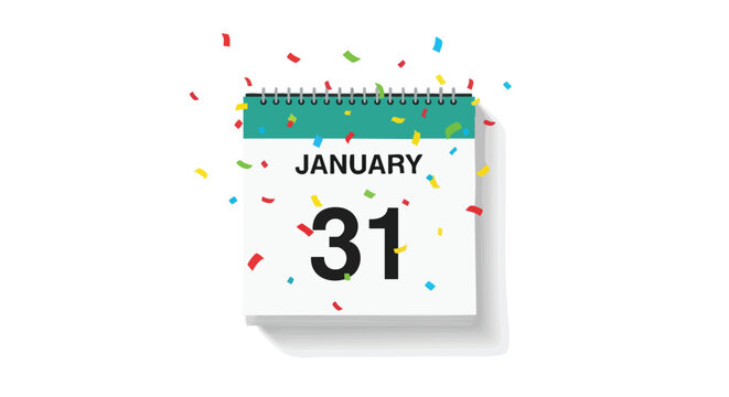 Festive January 31st Calendar Celebration with Confetti on a White Background