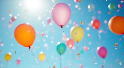 Obraz premium Balloons and confetti are flying in the air with a blue sky