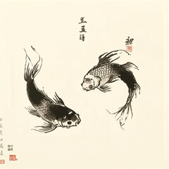 Little fishes hand drawn with ink on white glowing background. Traditional oriental ink painting sumi-e, u-sin, go-hua. Contains hieroglyph - double luck