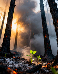 New green seedlings emerging from burned forest floor with smoke and glowing embers
