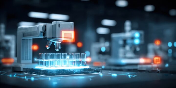 A futuristic laboratory where physics merges with tissue engineering, a satellite hovering above a distant galaxy, symbolizing humanity's evolution as scientists search