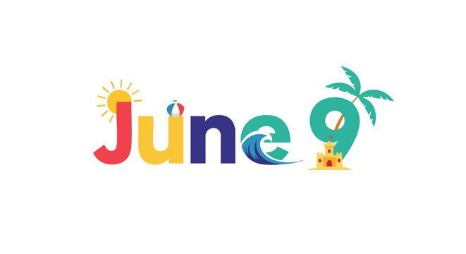 Celebrating June 9th with a Vibrant Beach Theme Featuring Sun, Sand, and Surf Elements, Creating a Cheerful and Summery Mood