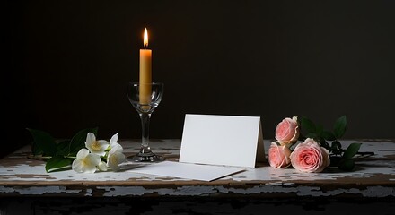 A lit candle and a blank note card with pink roses and white flowers on a rustic wooden table