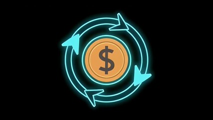 Glowing cyan arrows circling a gold dollar coin on a black background loop animation - Powered by Adobe
