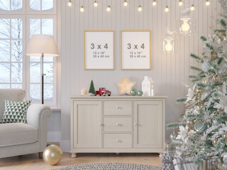 Christmas living room interior in Scandinavian style with two empty frame mockups on a light grey wall, with sideboard cabinet, decorated tree, string lights, sofa, floor lamp and gifts. 3D Rendering.