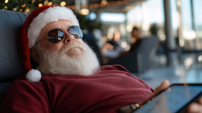 A joyful Santa Claus lounging comfortably with sunglasses and a tablet, showcasing the modern blend of classic holiday spirit and technology in a relaxed setting.