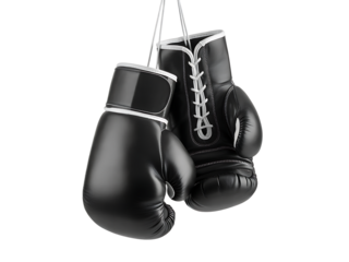 Two shiny black leather boxing gloves hang suspended by their white laces and metal chains against a stark white backdrop in a 3D rendered illustration.