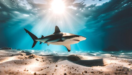 A majestic shark swims gracefully through sunlit, crystal-clear ocean waters.