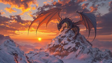 Majestic Dragon Rests on Snowy Mountain Peak at Sunset.