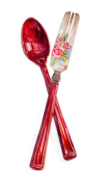 Watercolor a red spoon and a floral patterned fork crossed together