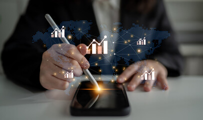 Visualization of global economic growth and stock market data. Financial chart analysis shows international business performance and investment opportunities in the world market. Fermion