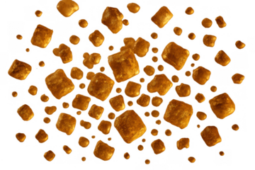Brown sugar cubes and granules falling, sweet ingredient for food and drinks on transparent background