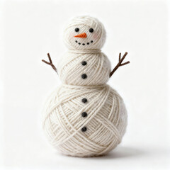 A cute handmade yarn snowman figure with carrot nose, black bead eyes, and twig arms, standing on a white background. Adorable crochet winter craft for holiday decorations.