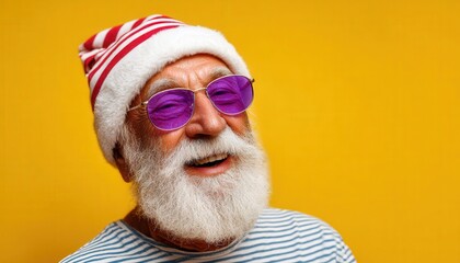 Elderly man wearing a festive hat and bright sunglasses smiles against a solid yellow backdrop