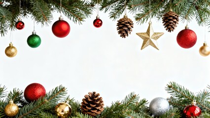 Christmas frame with fir branches, colorful ornaments, pine cones, and a star, isolated on a white background. Festive border for your holiday design with copy space.