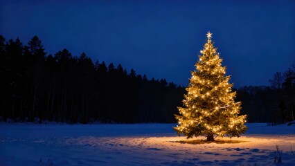 An illuminated Christmas tree with a star stands in a snowy field at night against the backdrop of a dark forest. Magical winter landscape for the holiday season with copy space for your design.