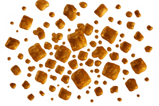 Brown sugar cubes and granules falling, sweet ingredient for food and drinks on transparent background
