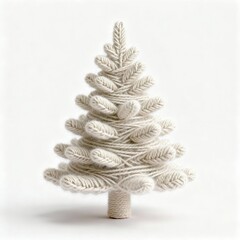 Handmade white yarn Christmas tree figure wrapped in wool threads, isolated on a white background. Cute crochet holiday decoration for festive winter crafts.