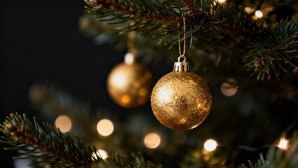 Close-up of a golden sparkling Christmas bauble hanging on a fir tree. Festive holiday background with bokeh lights and a dark background for your design with copy space.