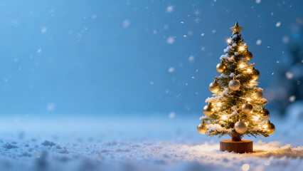 A small decorative Christmas tree with golden balls and lights in the snow on a blue background with falling snowflakes. Winter festive background with copy space.