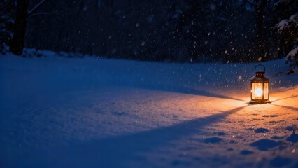 A glowing lantern in the snow on a winter night during a snowfall. A magical and peaceful winter background with a warm light and copy space for your design.