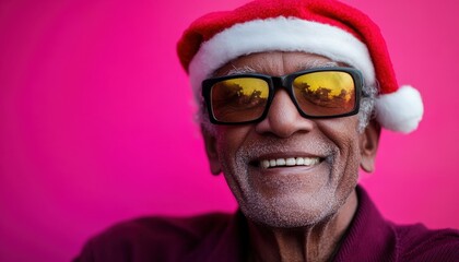 Elderly man wearing a festive hat and reflective sunglasses beams cheerfully against a vibrant background